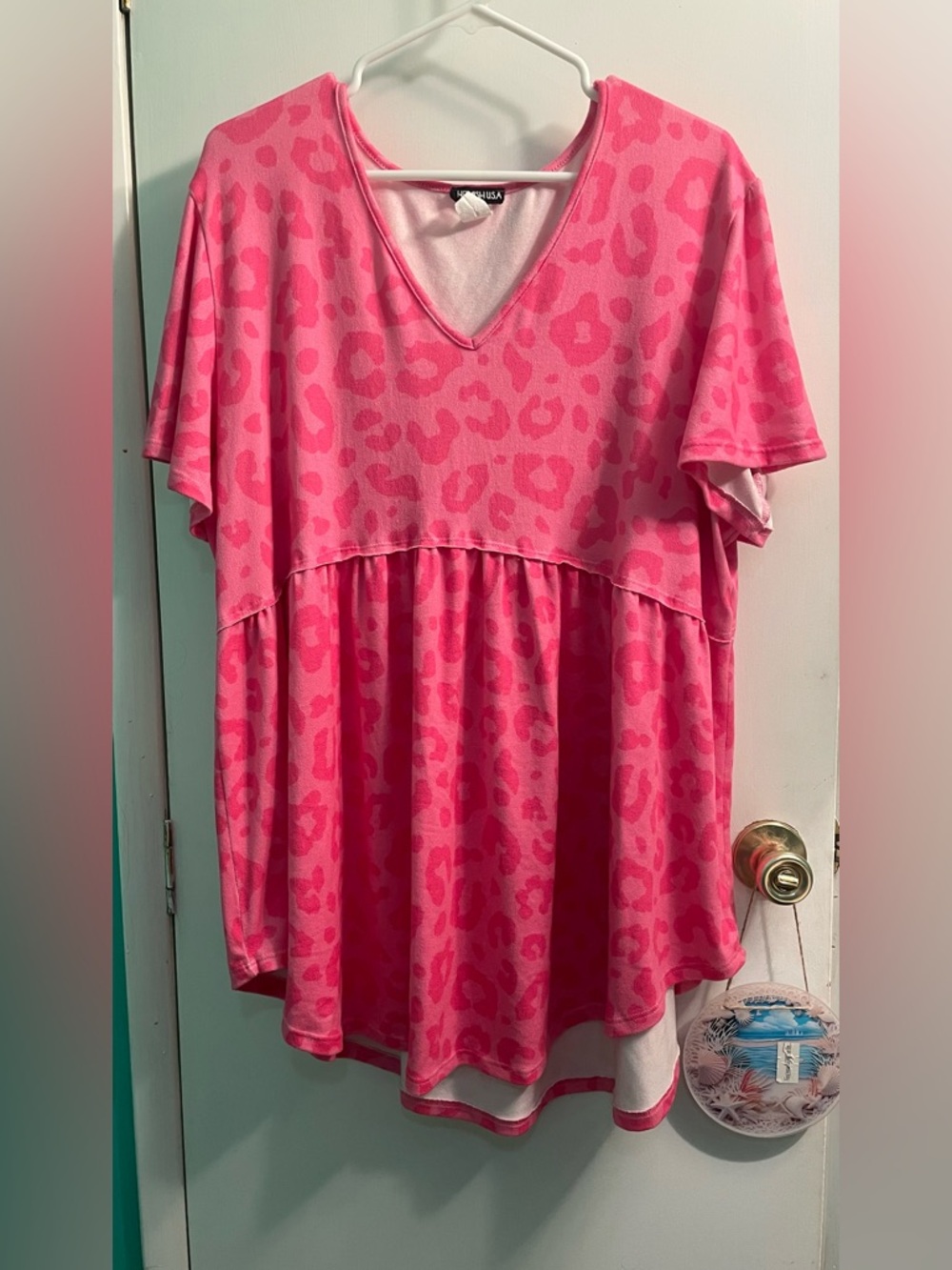 Heimish Pink Leopard V-Neck Empire Babydoll Tunic Super Soft
